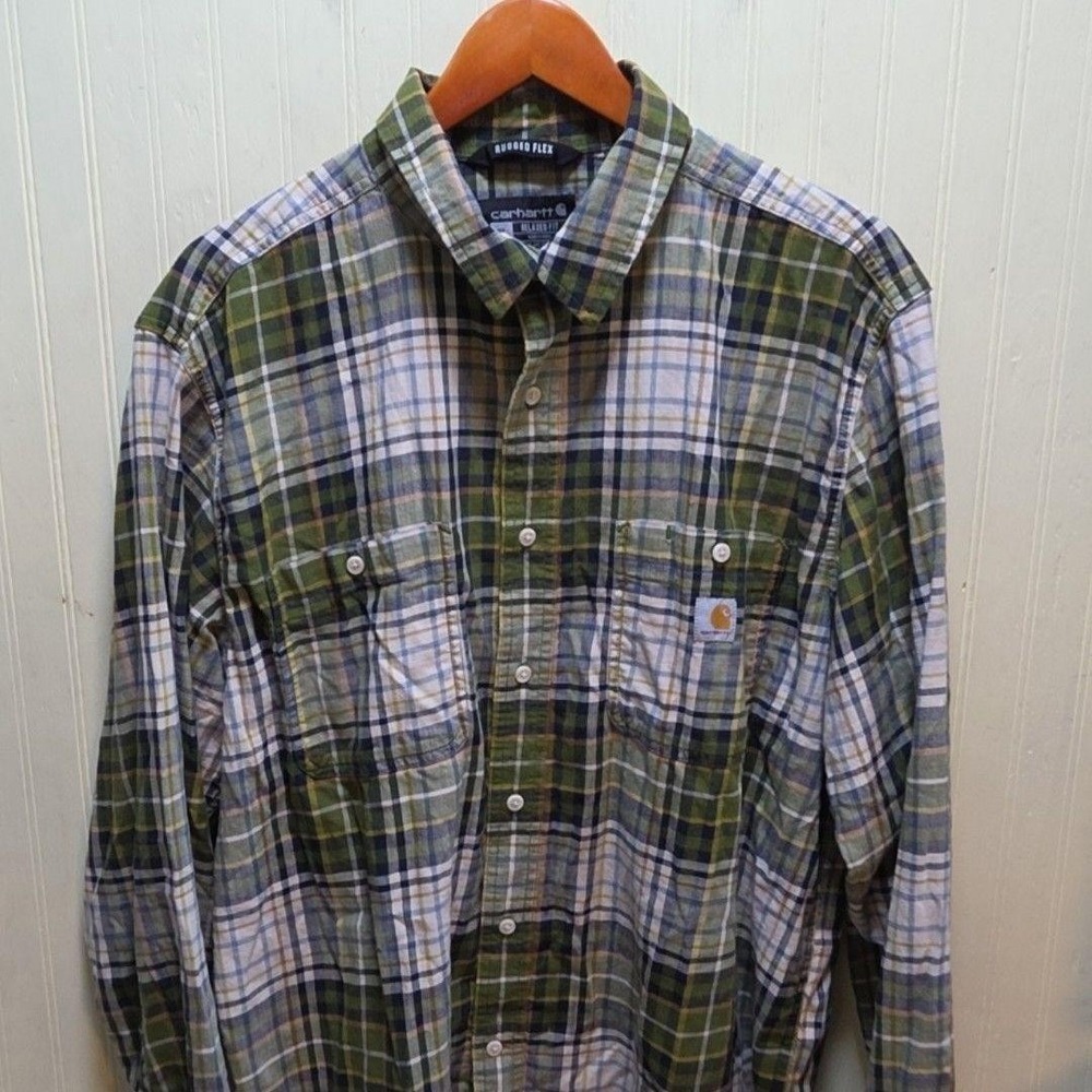Carhartt Shirt Mens XL Green Plaid Long Sleeve Rugged Flex Button-Up Casual